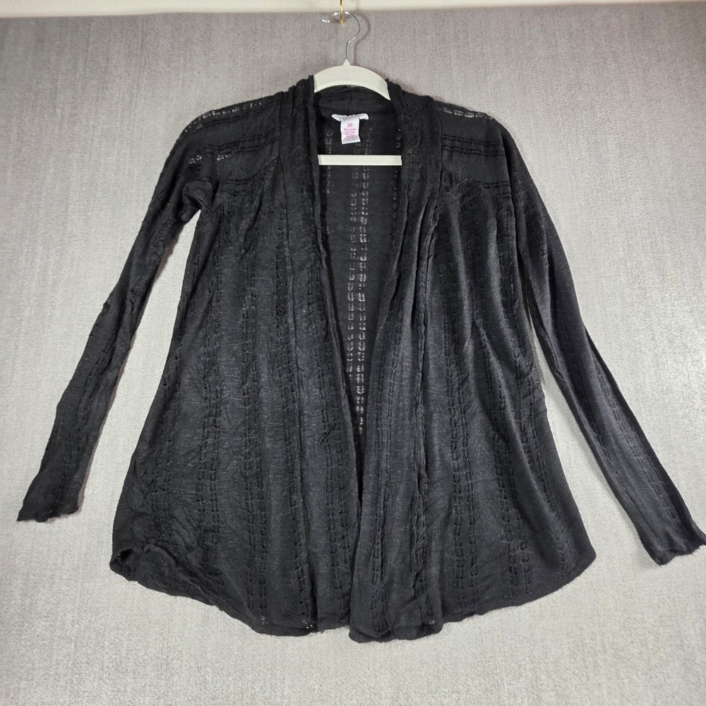Candie's Cardigan Women XS Black Pointelle Knit Open Front Rayon Linen Blend